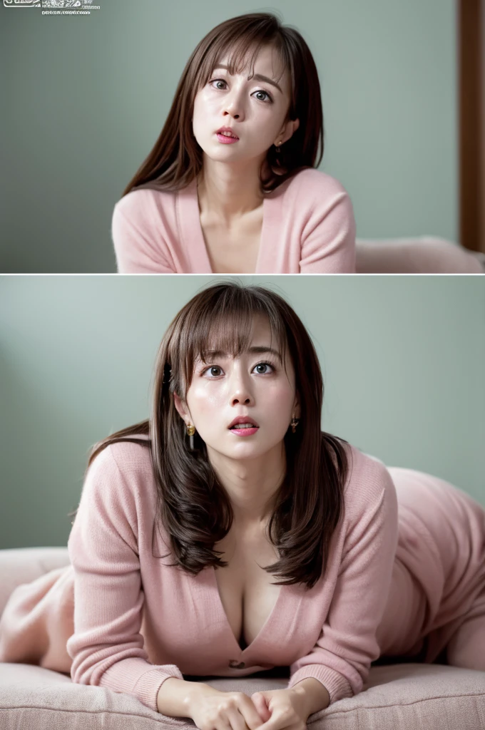 Highest quality, masterpiece, High resolution, Photorealistic, RAW Photos, 8k wallpaper, perfection, Professional Lighting, Very detailed, Depth of written border, ((Age28 Japan Female)), thin, sexy, Detailed face, Beautiful Eyes, bangs, Straight hair, Faint lips, ((View your viewers, Embarrassed face、Troubled face、Crying face、Lowered eyebrows)),Looking up、Photographed from the front looking down、Open clothes、Protruding buttocks、Pink nipples、sofa、On all fours