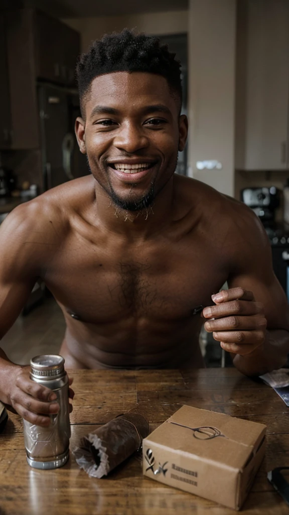 ((long distance shot:1.5)), a black man, small beard, wrinkled, weathered, with piercing eyes, laughing, detailed face, high details, posing staying on the table, apartment on the background, naked