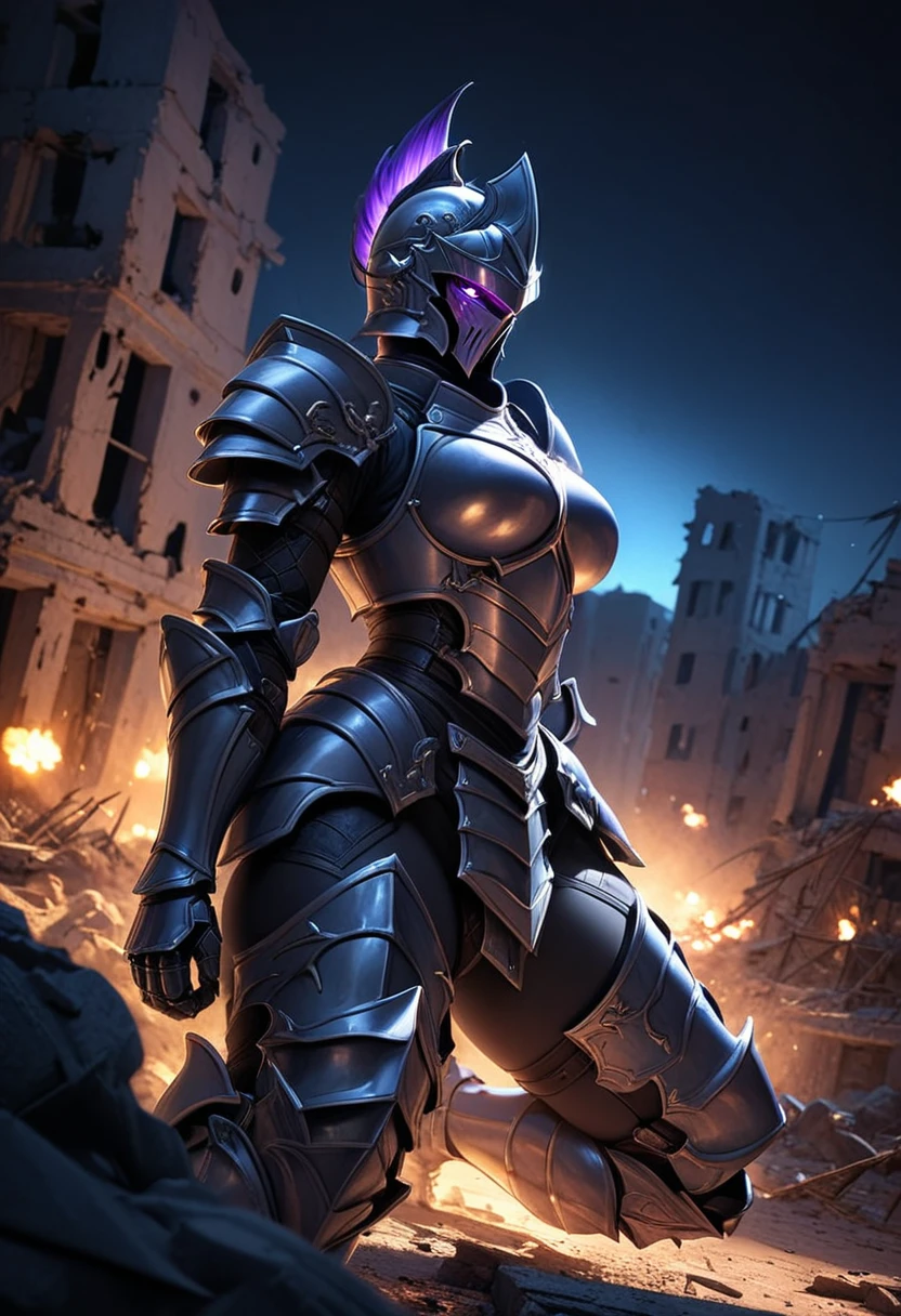 (masterpiece, top quality, best quality, beautiful and aesthetic:1.2), full body, SFW, extremely detailed, detailed eyes, detailed hands, cinematic light, depth of field, 1girl, seducing smile, solo, official, (full armored knight:1.4), dark armor, full-faced helmet that hides the face, mash kyrielight, slim body, cinematic lighting, dramatic lighting, dramatic atmosphere, hyper-realistic, high resolution, stunning contrast, high quality, best quality, 8k, 4k, intricately detailed, (amazing details:1.2), highly detailed skin, powerful presence, vibrant colors, (detailed eyes:1.2), striking eyes, (detailed background), (warzone on background, night, ruins), (dynamic angle:1.2), (dynamic pose:1.2)