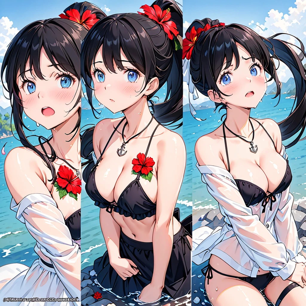 **Prompt:** "Draw an anime-style female character with the following characteristics. - **Hair**: Long black hair tied in a ponytail and adorned with a red hibiscus flower. - **Eyes**: Blue eyes, with a slight blush on her cheeks. - **Expressions**: , nsfw, (ecstatic:1.3), (slutty:1.2), (vulgarity:1.3), (fucked like a fool:1.1), (steamy:1.1), (wet:0.8), (trembling:0.8), (tears:0.7), (drooling:0.6), (sweat:0.8), - **Outfit**: nsfw, she is wearing a black bikini. The bikini top has thin straps and an anchor pendant on her chest. The bikini bottoms are also black and have the words "IRONBLOOD" written on them. She has a black left thigh garter. She is also wearing a light blue shirt that slides off her shoulders. The water makes her costume transparent. - **Body**: She has a toned physique with well-defined muscles in her chest and abdomen. Her skin has water droplets on it, making it appear wet. She has a large cleavage. - **Background**: There is a blurry water surface in the background, indicating that she is near water. There are stones and rocks in the water.