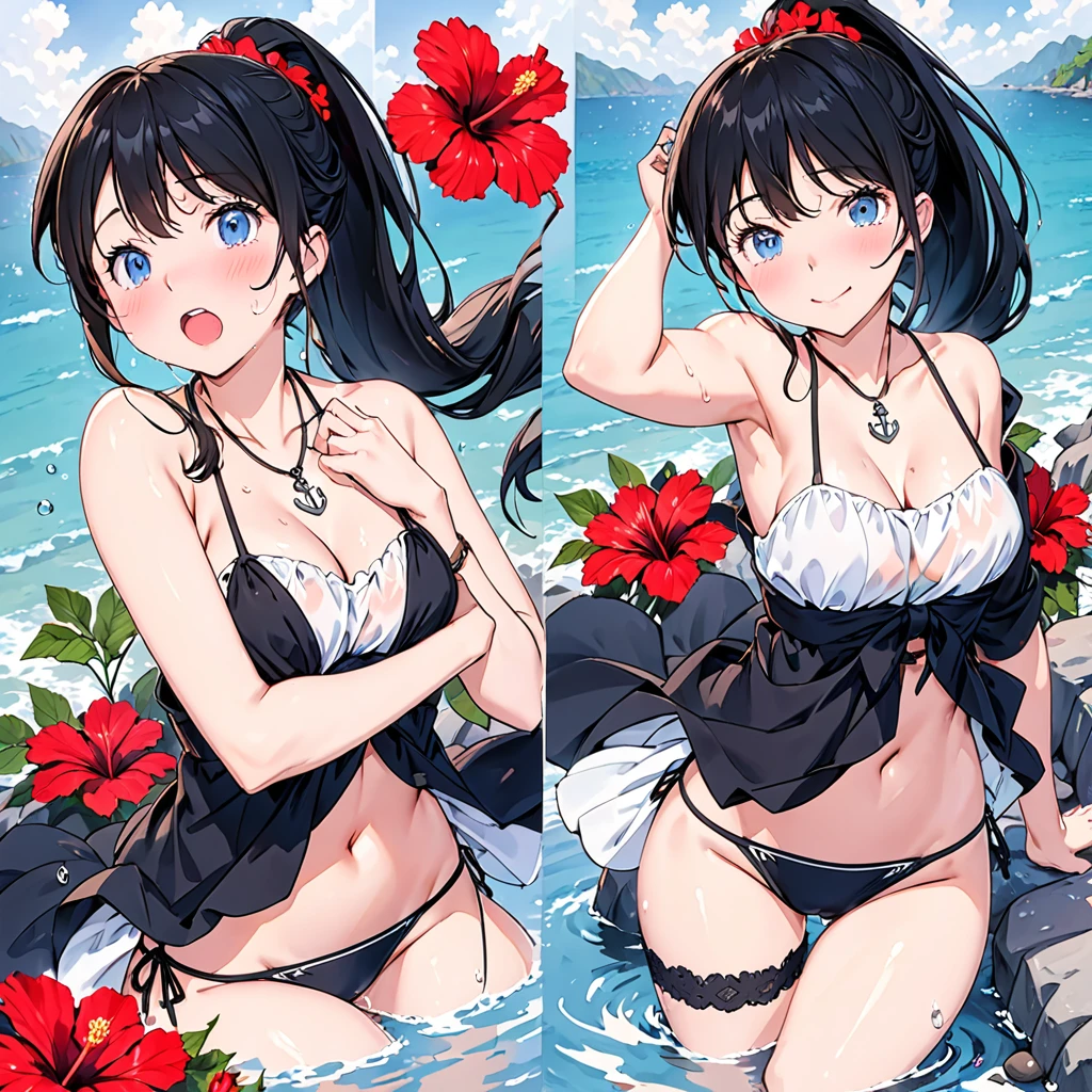 **Prompt:** "Draw an anime-style female character with the following characteristics. - **Hair**: Long black hair tied in a ponytail and adorned with a red hibiscus flower. - **Eyes**: Blue eyes, with a slight blush on her cheeks. - **Expressions**: , nsfw, (ecstatic:1.3), (slutty:1.2), (vulgarity:1.3), (fucked like a fool:1.1), (steamy:1.1), (wet:0.8), (trembling:0.8), (tears:0.7), (drooling:0.6), (sweat:0.8), - **Outfit**: nsfw, she is wearing a black bikini. The bikini top has thin straps and an anchor pendant on her chest. The bikini bottoms are also black and have the words "IRONBLOOD" written on them. She has a black left thigh garter. She is also wearing a light blue shirt that slides off her shoulders. The water makes her costume transparent. - **Body**: She has a toned physique with well-defined muscles in her chest and abdomen. Her skin has water droplets on it, making it appear wet. She has a large cleavage. - **Background**: There is a blurry water surface in the background, indicating that she is near water. There are stones and rocks in the water.