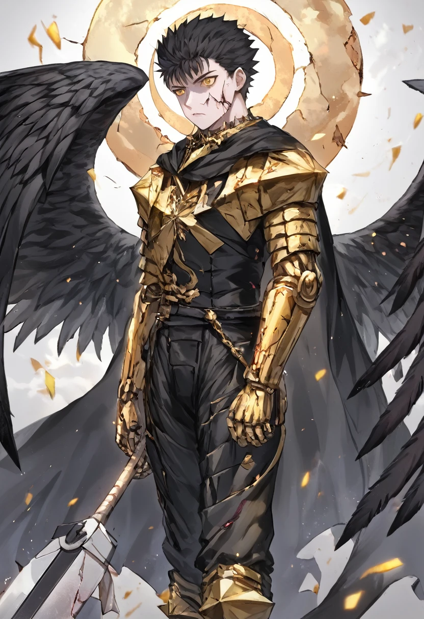 1man, adult, angel, pale skin, black hair, very short hair, white hairlocks, golden eyes, broken face, crack on the face, radiance coming from the crack, missing eye, black wings, eyed wings, bird legs, black robes, golden details, golden shoulder pads, golden prothesis in right hand, clawsprothesis, great sword on hands, eclipse, fullbody, anime style, (masterpiece), best quality,
