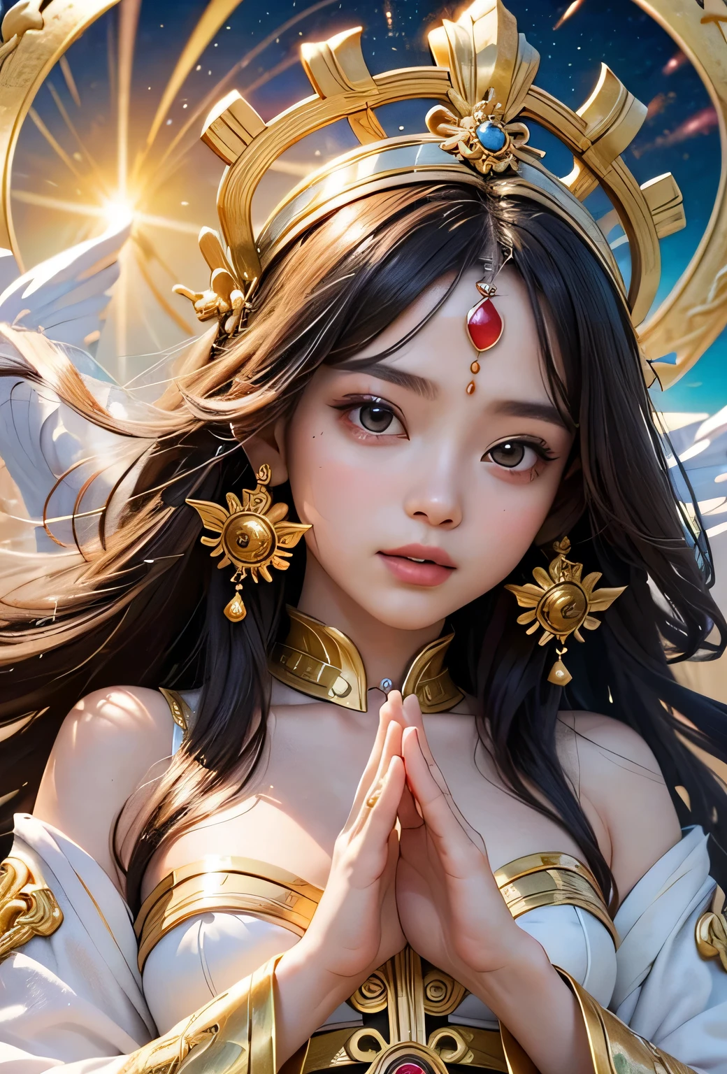 "Child of the Sun, Goddess of Love": Within a sacred sanctuary bathed in sunlight, depict the figure of a sun goddess who governs love, facing forward and emanating divine radiance. She is a , around 3 years old. Zoom in to focus on her face, with a gleaming orb of light in her hands, representing the life-giving power of the sun. Her hair is shimmering gold, and she is wearing a traditional miko outfit as seen in Japanese shrines. The background should be predominantly gold, evoking a sense of divine splendor, with numerous heart-themed objects expressing the beauty of love. The setting is in heaven, enveloped in soft, bright light, where one can find tranquility and peace of mind, free from any trace of anxiety.Straight-on.
