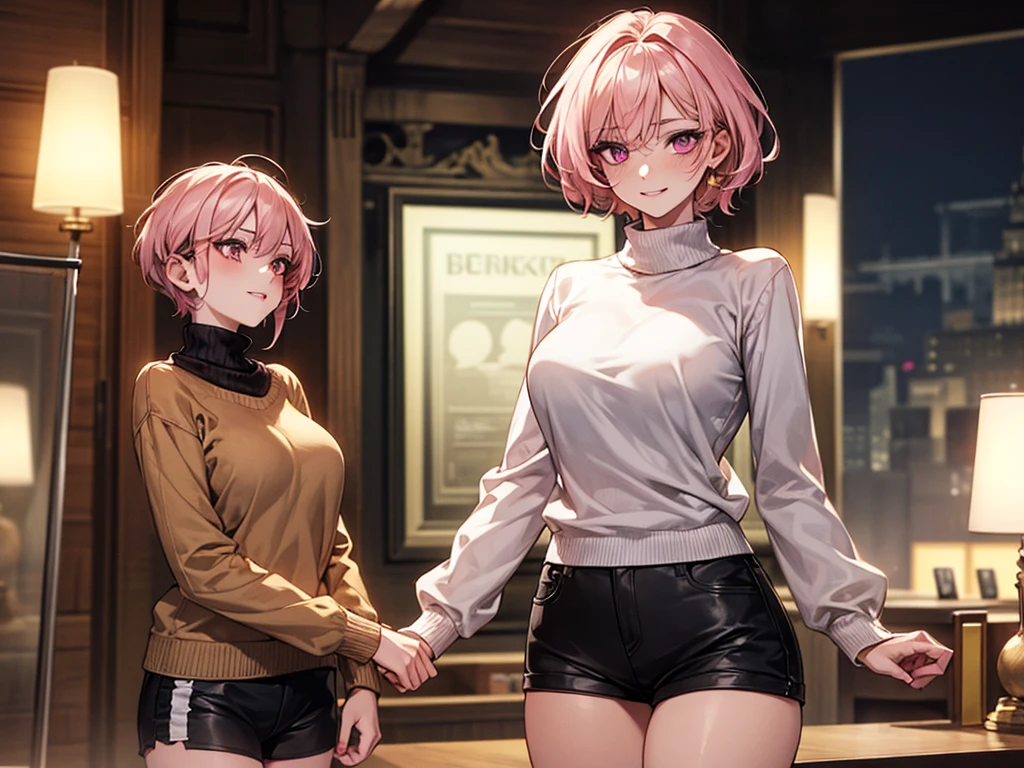Masterpiece,Highest quality,8K,Ultra-high resolution,appropriate margins,lighting,BREAK,1 person,Very beautiful adult woman,Slim body,Very large breasts,BREAK,Light pink hair,mascara,Red eyeliner,Light pink lip,Thick upper eyelashes,Thin eyebrows,BREAK,Light purple eyes,BREAK,Embarrassed,Shy smile,BREAK,short hair,Wearing hair in one ear,BREAK,beige long sleeve sweater,shorts vinyl,BREAK,Eyes meet