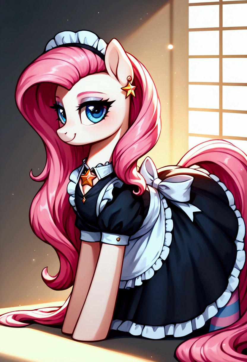 score_9,score_8_up,score_7_up,score_6_up, ((my little pony)), radiant lighting, vibrant colors, whimsical atmosphere, 8K, high resolution, highly detailed, masterpiece, ((brightness white body)), blue eyes, (maid costume), striped stockings, star pendant, earrings, eyeshadow, (very long pink hair:1.3), (((arousing escort:1.4)))