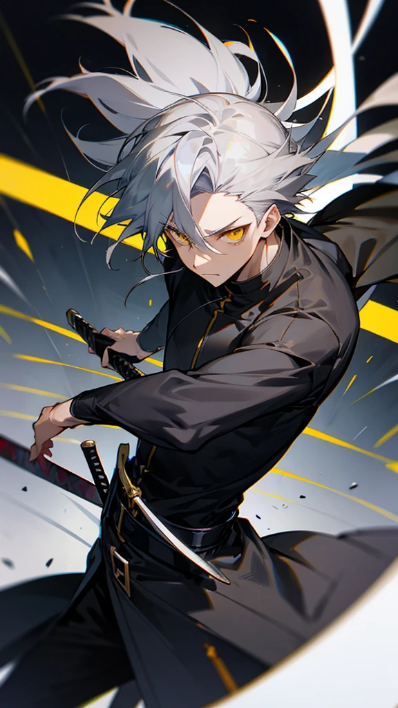 Male character gray hair and yellow eyes and black clothes and swords