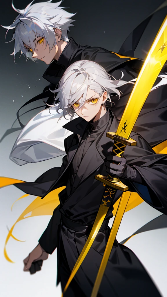 Male character gray hair and yellow eyes and black clothes and swords 