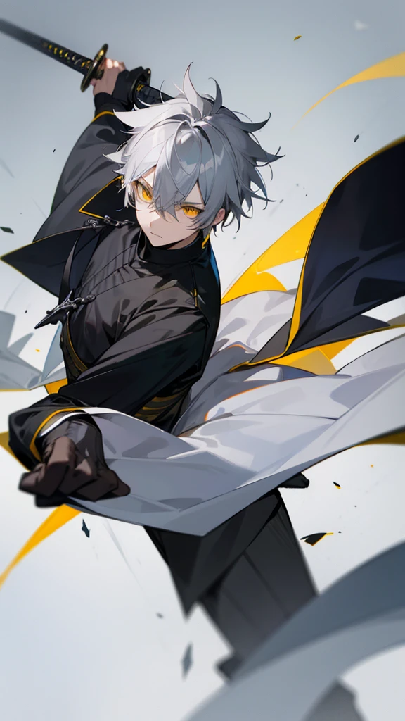Male character gray hair and yellow eyes and black clothes and swords