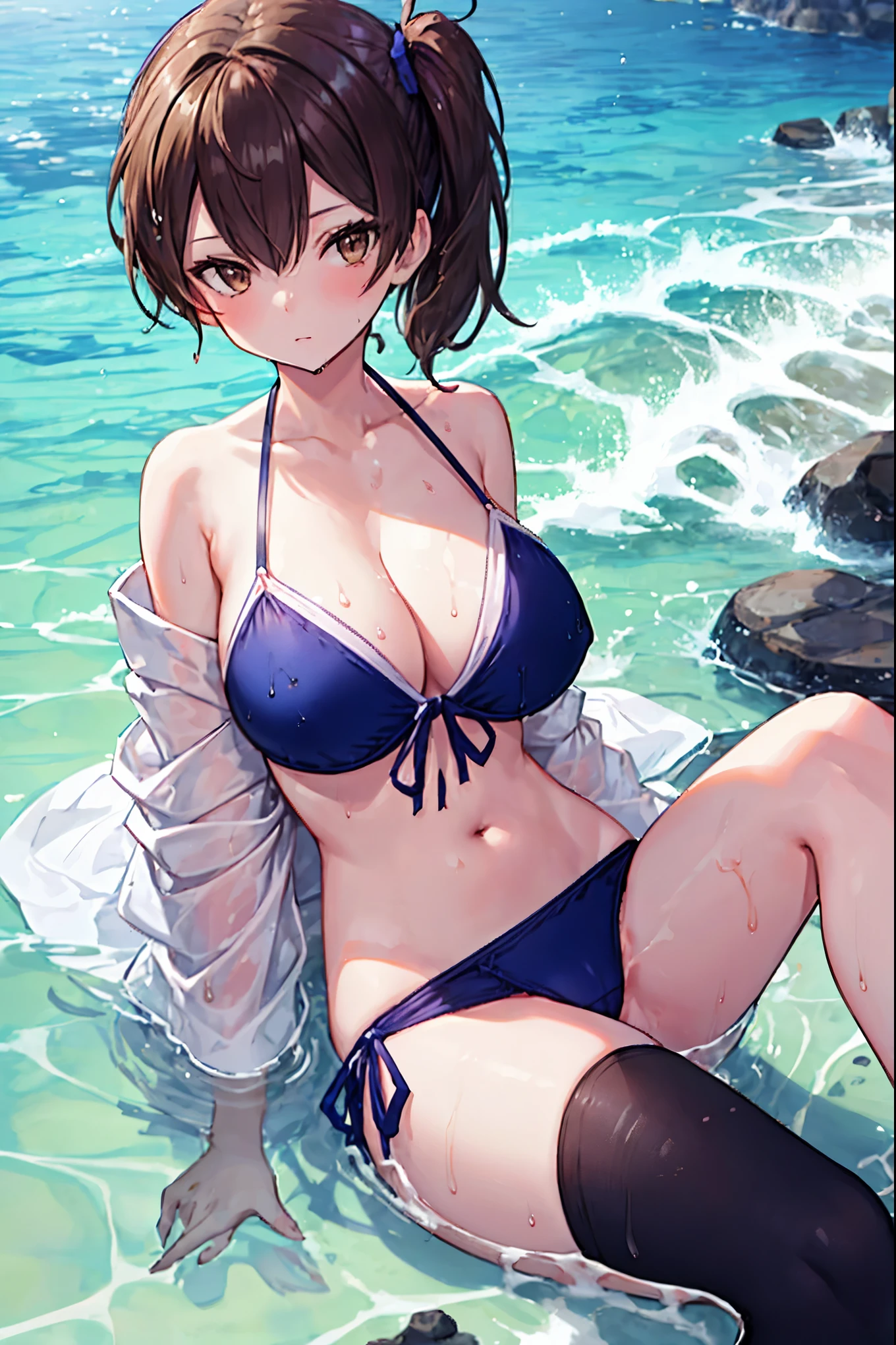 Beautiful illustration、top-quality、Kaga_kantaicollection
brown_hair, Side_Ponytail, brown_Eyes, Short_hair, gigantic_tits, long_hair、Blue Bikini、is sitting、The background is the coast,crotch,groin,apart_legs,wet,oil.(plump:0.7)
