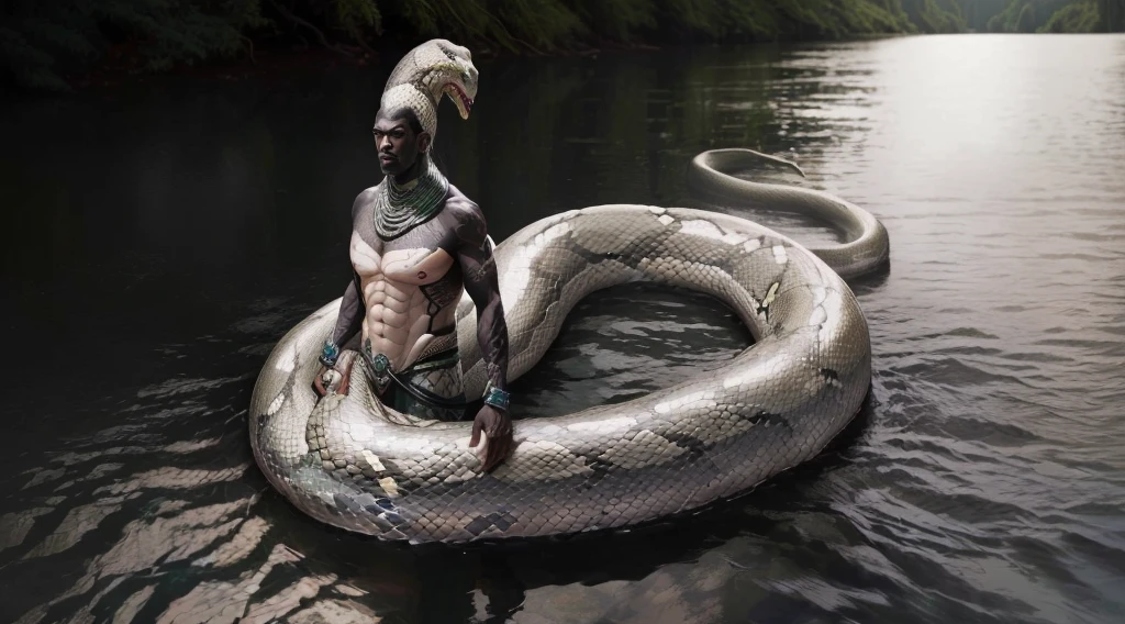 giant snake man in the water, snake man, hybrid snake man, king of snakes, dark king of snakes, In a forest, realistic coiled snakes, man with a snake face, mythology, giant snake, male forest genius of the water ;dark-skinned love, hybrid human snake, snake body,
