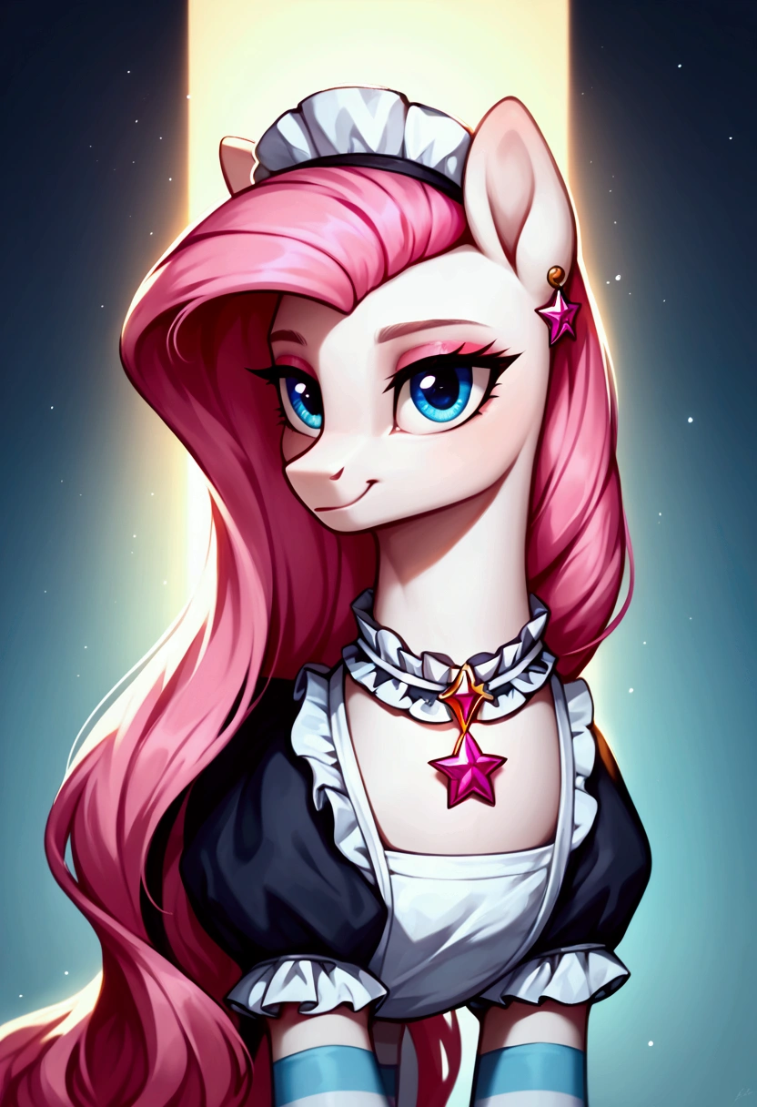 score_9,score_8_up,score_7_up,score_6_up, ((my little pony)), radiant lighting, vibrant colors, whimsical atmosphere, 8K, high resolution, highly detailed, masterpiece, ((brightness white body)), blue eyes, (maid costume), striped stockings, star pendant, earrings, eyeshadow, (very long pink hair:1.3), (((escort:1.4)))