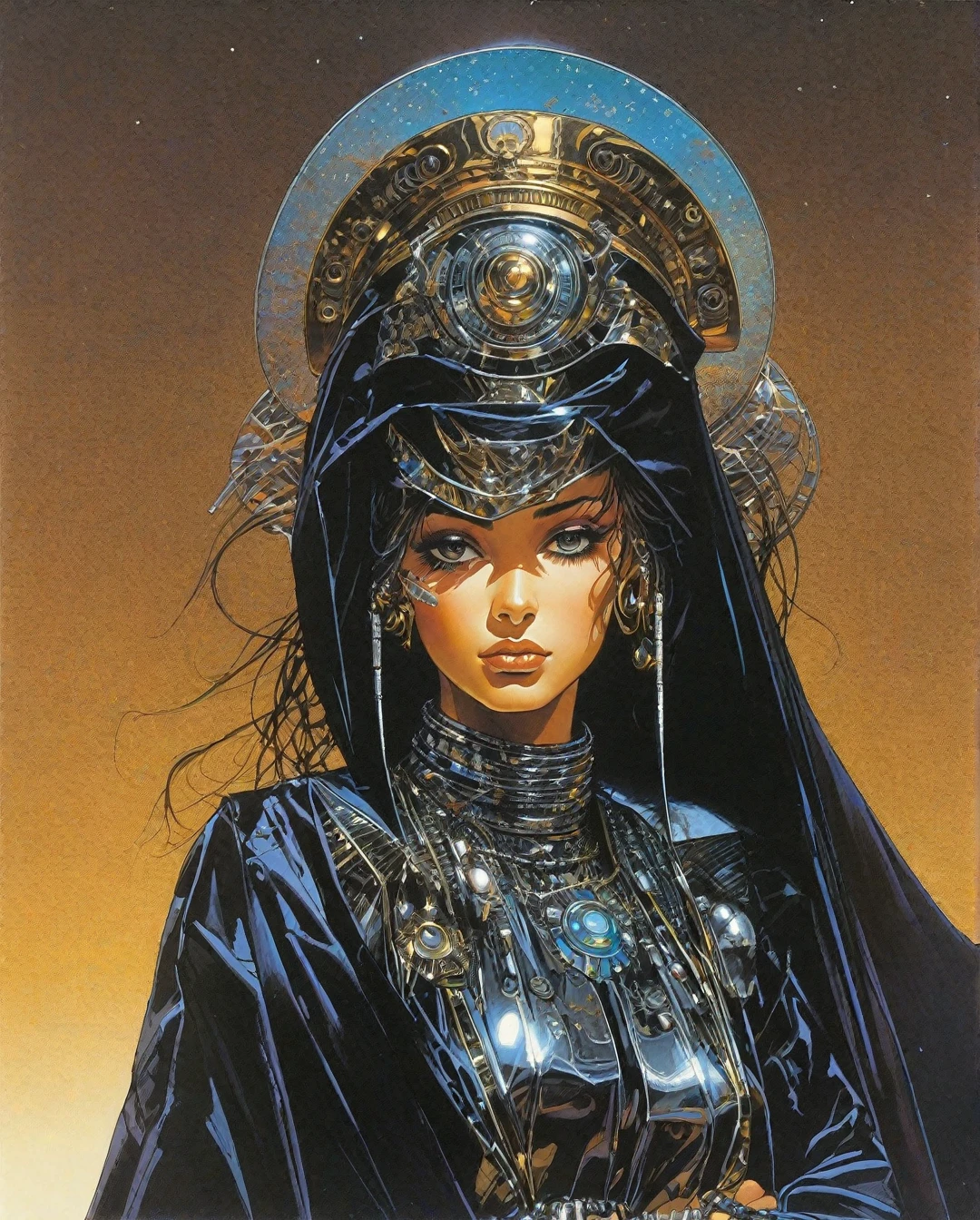 Flat-colored still of a  Art style by Noriyoshi Ohrai, Hajime Sorayama, Hiroshi Nagai, (Masterpiece, Top Quality, Super Deatail, High Resolution, Best Illustration), "An exceptional Saudi Arabian Bedouin female warrior adorned in a sleek, black metallic mechanical suit, seamlessly blending traditional Bedouin elements with cutting-edge cyberpunk aesthetics. The scene is set against a backdrop of a dark, dystopian sci-fi landscape, with neon-lit deserts and futuristic cityscapes. The art style echoes the retro 1980s, capturing the essence of that era's vibrant color palette and bold design. The composition should evoke a sense of mystery and power, with intricate details highlighting the fusion of ancient Bedouin culture and advanced technology.".. anime girl from a 80s Anime portrayed by hajime sorayama, looking away from the viewer, solemn expression
