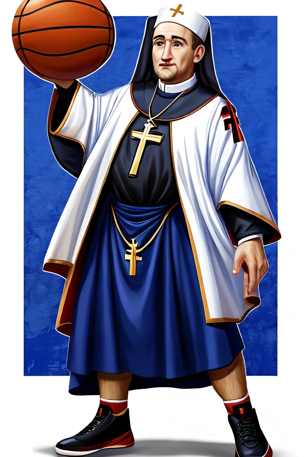 NBA logo art, priest clothes, Catholic, basketing a basketball, completely white background