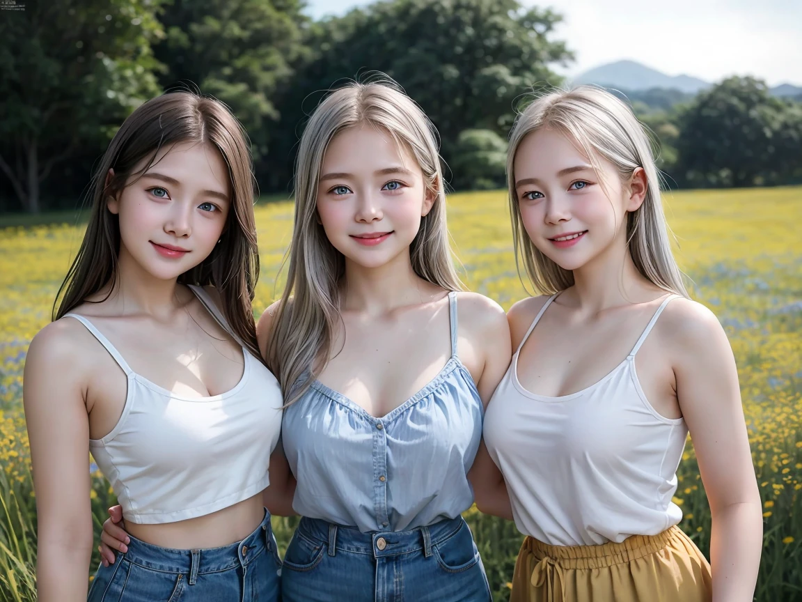 (3 girls), Indonesian baby face, 12 years, smile ,white skin, Round breast, blue eyes, meadow, silver hair, 8K, The details are very realistic......, The best of photography Wear a jeans skirt., tank top ((round chest)