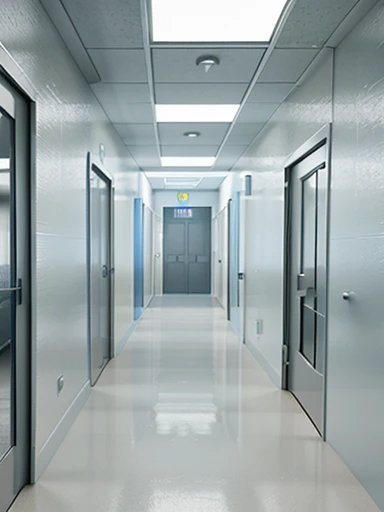 a highly detailed and photorealistic 3d render of a testing laboratory hallway, with clean and sterile laboratory flooring, laboratory equipment, ray traced lighting, excellent shading and textures, natural lighting from windows