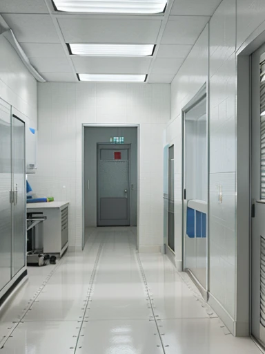 a highly detailed and photorealistic 3d render of a testing laboratory hallway, with clean and sterile laboratory flooring, laboratory equipment, ray traced lighting, excellent shading and textures, natural lighting from windows