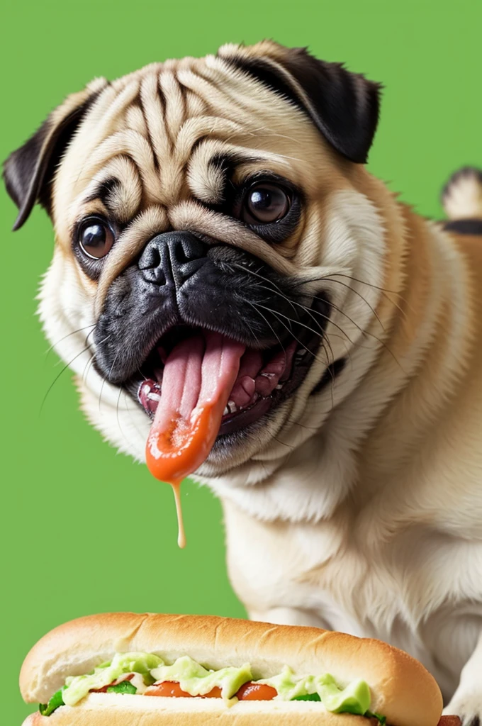A pug dog eating a hot dog with a green image background
