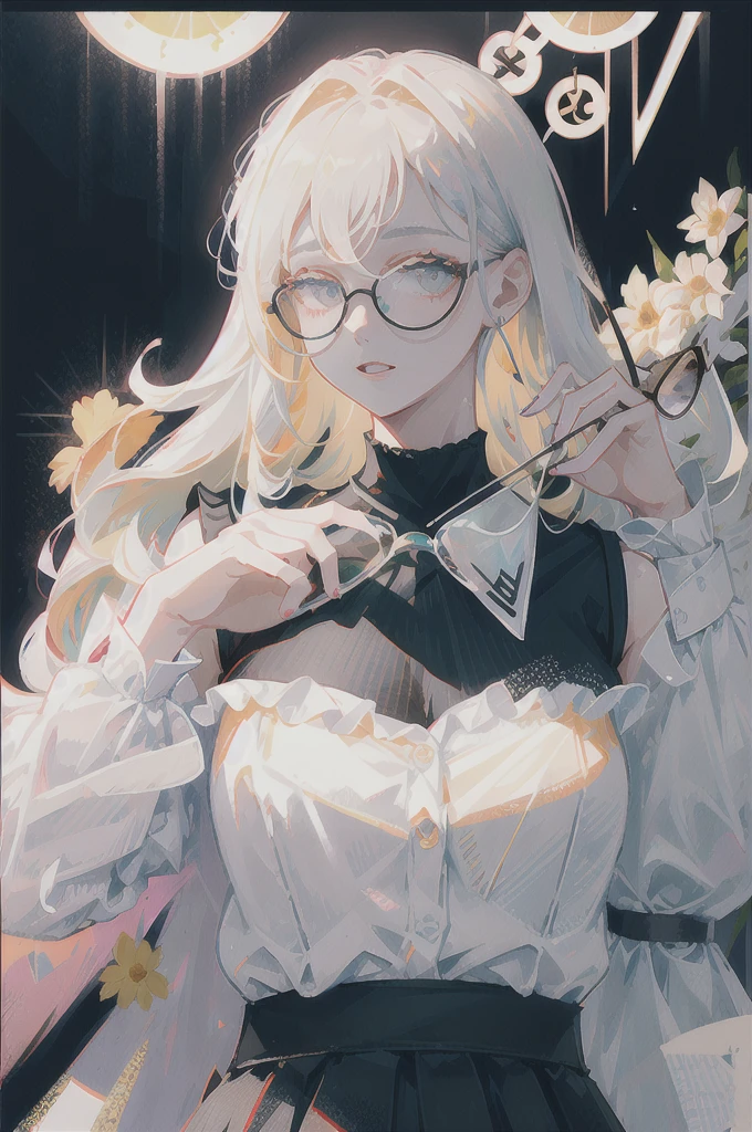 best quality, ultra high res, (photorealistic:1.4), 1woman, sleeveless white button shirt, black skirt, black choker, ((glasses)), (Kpop idol), (aegyo sal:1), (platinum blonde grey hair:1), ((puffy eyes)), looking at viewer, full body, flowers