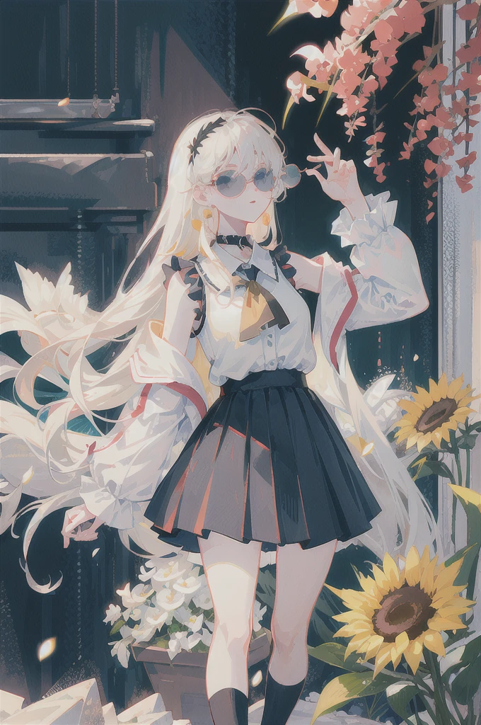 best quality, ultra high res, (photorealistic:1.4), 1woman, sleeveless white button shirt, black skirt, black choker, ((glasses)), (Kpop idol), (aegyo sal:1), (platinum blonde grey hair:1), ((puffy eyes)), looking at viewer, full body, flowers