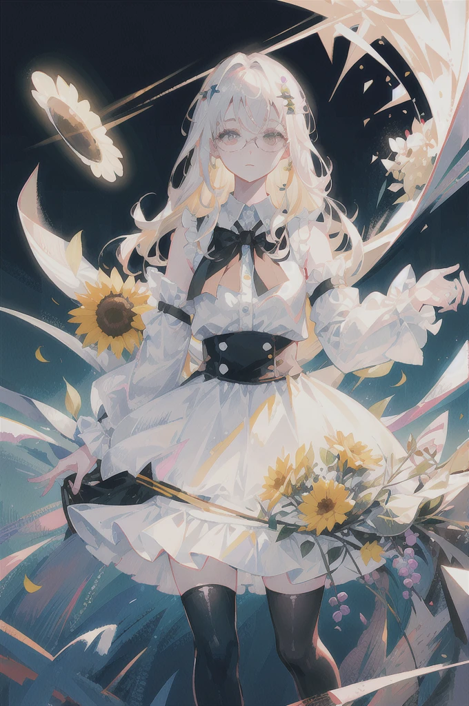 best quality, ultra high res, (photorealistic:1.4), 1woman, sleeveless white button shirt, black skirt, black choker, ((glasses)), (Kpop idol), (aegyo sal:1), (platinum blonde grey hair:1), ((puffy eyes)), looking at viewer, full body, flowers