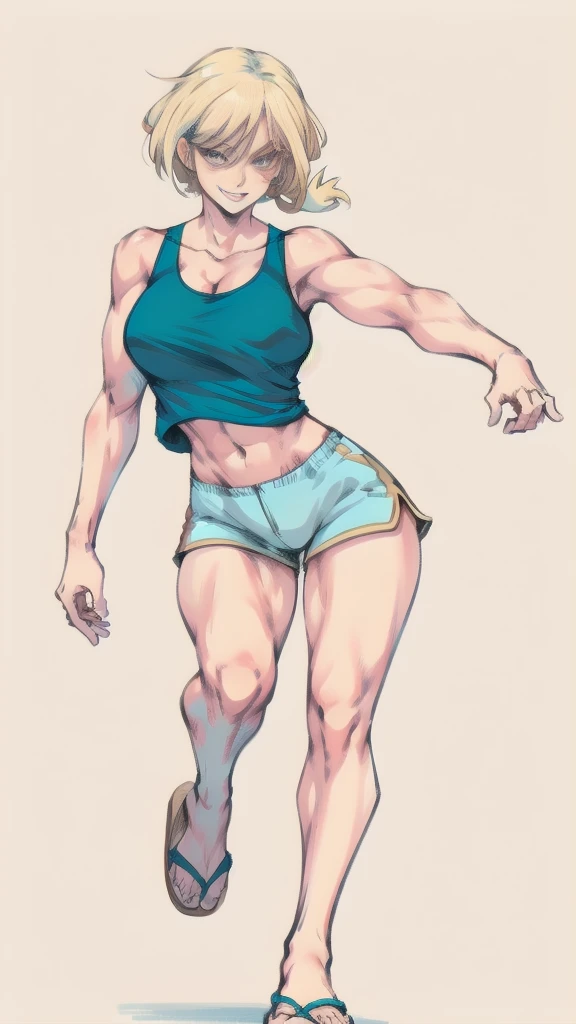 Full body image of Loud from The Loud House, full body in image, wearing her original outfit (light blue tank top, beige shorts, and light blue flip-flops), long blonde hair, female body, slender and athletic body, dynamic pose, detailed pose, simple background, expressive face showing a confident smile, focus on face, line art, sketch