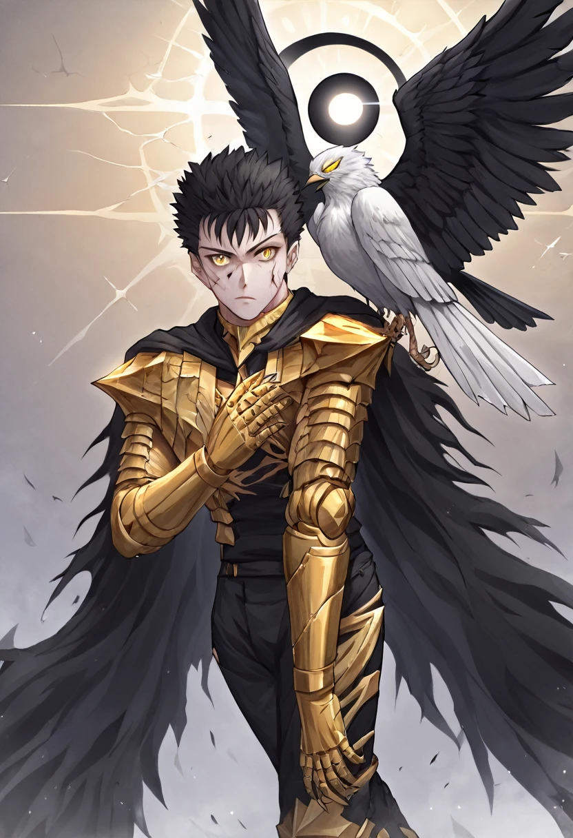 1man, adult, angel, pale skin, black hair, very short hair, white hairlocks, golden eyes, broken face, crack on the face, radiance coming from the crack, missing eye, black wings, eyed wings, bird legs, black robes, golden details, golden shoulder pads, golden prothesis in right hand, clawsprothesis, great sword on hands, eclipse, fullbody, anime style, (masterpiece), best quality,