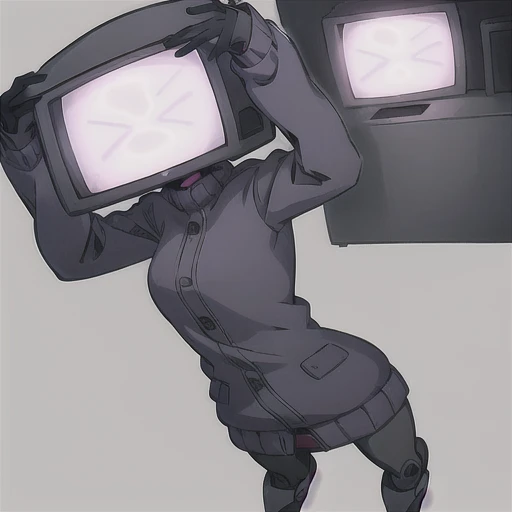 solo, full body, woman in black, an old TV instead of a head, anime style, comic book style, a robot girl with a television head, high detail , casual perspective, simple monotone background, well