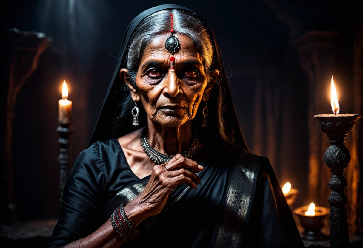 a detailed portrait of an old indian witch wearing a black saree, eerie haunting atmosphere, dark ominous background, glowing sinister eyes, wrinkled face, long sharp nails, boney fingers, dark shadowy lighting, moody gothic colors, cinematic dramatic lighting, highly detailed, 8k, photorealistic, masterpiece