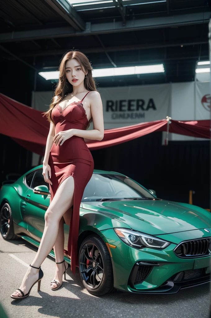 (((best quality))), (((ultra detailed))), (((masterpiece))), illustration,In the midst of a summer auto show, a beautiful car model stands next to a stylish, newly released automobile. The convention center is bustling with people, the air thick with excitement and the scent of rubber and leather. The room is adorned with opulent decorations. The car model has long, flowing chestnut hair and piercing emerald green eyes. She has a flawless complexion with a hint of rosy blush on her cheeks. She's dressed in a sleek, curve-hugging cherry red dress adorned with black lace. Her demeanor is poised, and she exudes confidence and allure. The auto show is vibrant and alluring, a testament to the charm of summer,cyberpunk style