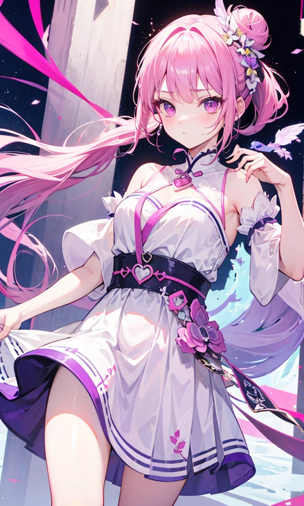 Light white clothes with pink and purple color matching，Purple and pink bun and long ponytail，Pink Purple Eyes，Gentle and coquettish princess