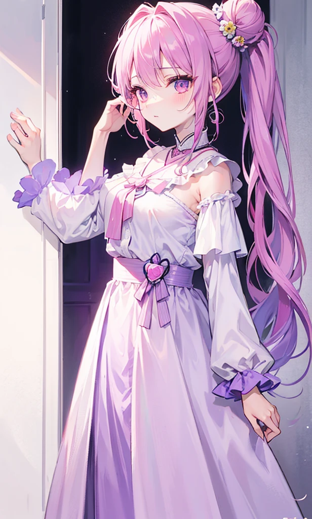 Light white clothes with pink and purple color matching,Purple and pink bun and long ponytail,Pink Purple Eyes,Gentle and coquettish princess