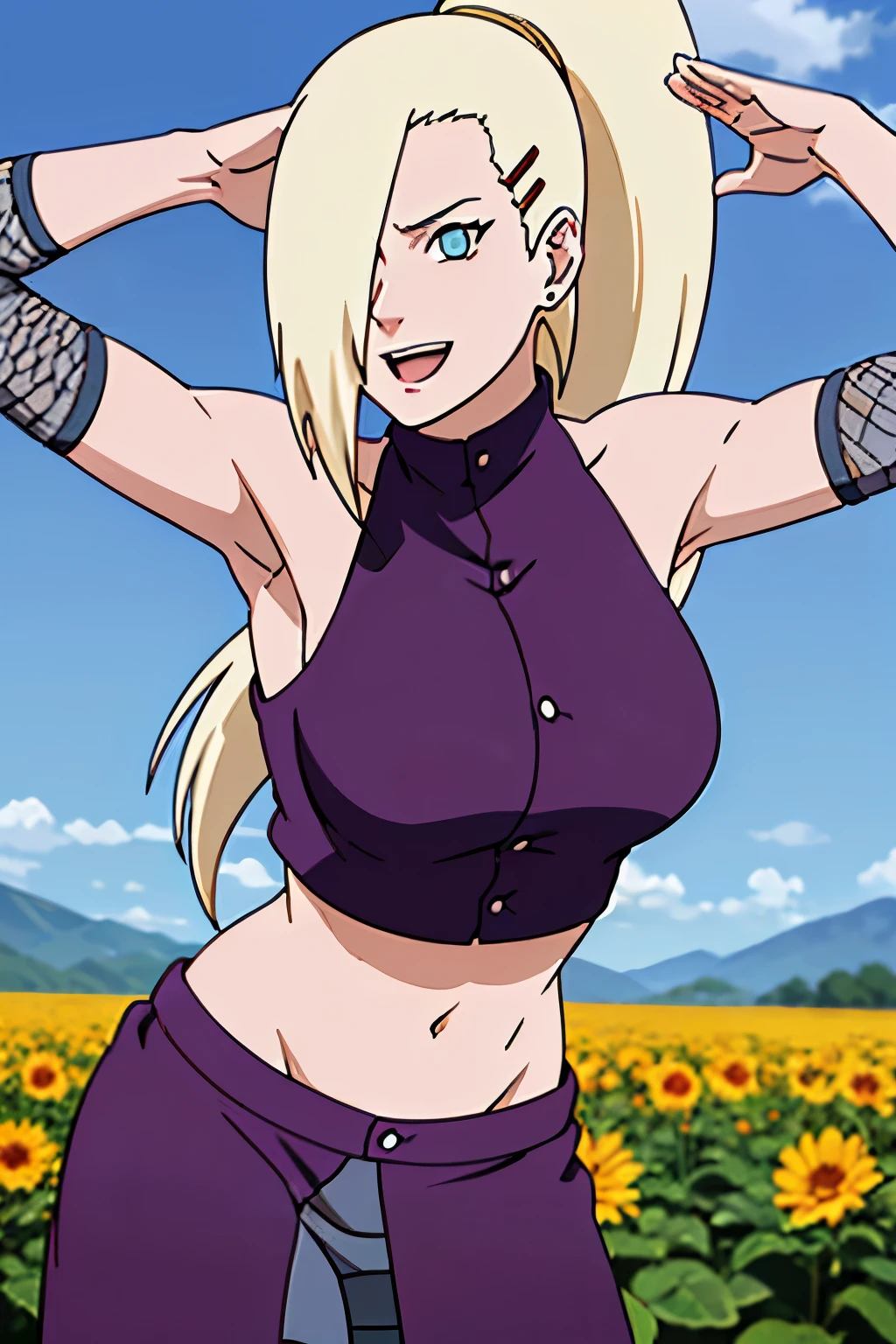 (saluting), Ino yamanaka, looking at the viewer, gorgeous, attractive, groin, cowboy shot, ultra detailed face, sunny day, day time, upper body view, anime style, solo, detailed flower field, blonde, (focus on face), ((one eye covered with hair, hair over eye, ponytail)), medium breasts, belly button, looking at the viewer, thick arms, (off-shoulders, wide shoulders, curving body), hidden eye, smile, open mouth, very happy, tall, hair clip, sharp look, sharp face, sharp eye, cold colors,