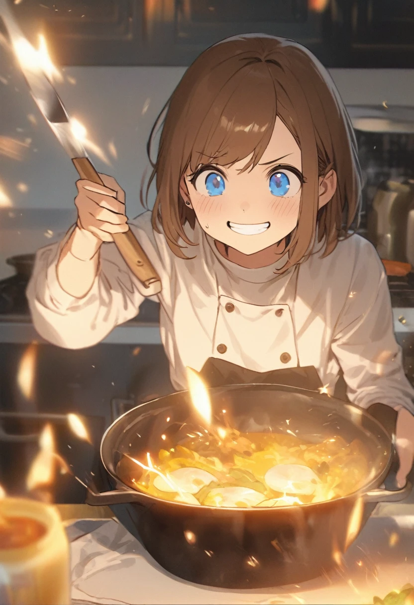 Brat, ((masterpiece)), High resolution, 、girl、 Brown Hair、Short Bob、((smile、Grin))、Excited、Sweating all over the body、Bright Blue Eyes、smile、((Grin))、Earrings、(((Cooking dynamically)))、Sparks fly、Disturbed、Strong light、Strong winds、highlight、Motion Blur、Simple Apron(wind lift:1.0)、Shallow depth of field、cook、Fantastic、tense、Powerful cooking、Fresh ingredients、Cook the perfect dish、(art)、(Finally, use magic)