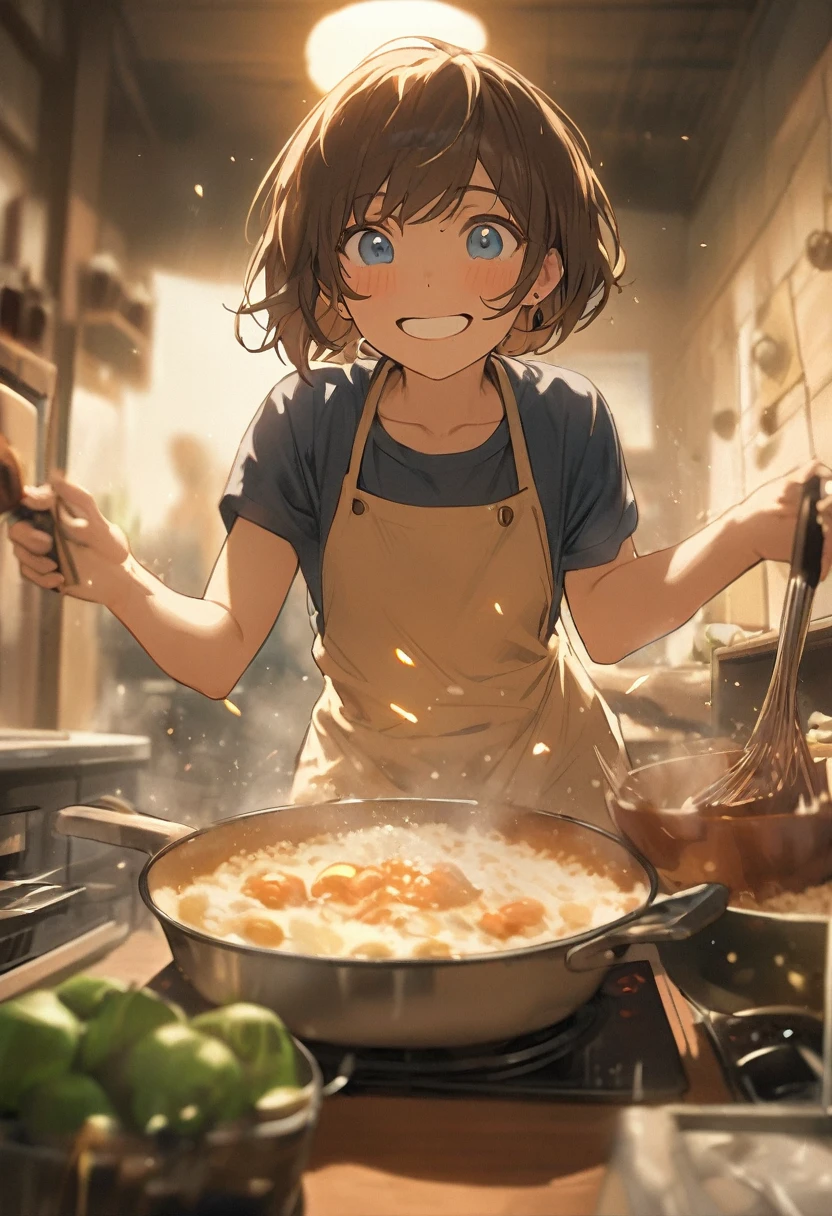 Brat, ((masterpiece)), High resolution, 10 years old、girl、 Brown Hair、Short Bob、((smile、Grin))、Excited、Sweating all over the body、Bright Blue Eyes、smile、((Grin))、Earrings、(((Cooking dynamically)))、Sparks fly、Disturbed、Strong light、Strong winds、highlight、Motion Blur、Simple Apron(wind lift:1.0)、Shallow depth of field、cook、Fantastic、tense、Powerful cooking、Fresh ingredients、Cook the perfect dish、(art)、(Finally, use magic)