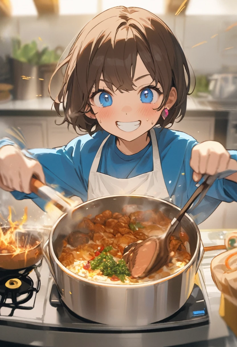Brat, ((masterpiece)), High resolution, 10 years old、girl、 Brown Hair、Short Bob、((smile、Grin))、Excited、Sweating all over the body、Bright Blue Eyes、smile、((Grin))、Earrings、(((Cooking dynamically)))、Sparks fly、Disturbed、Strong light、Strong winds、highlight、Motion Blur、Simple Apron(wind lift:1.0)、Shallow depth of field、cook、Fantastic、tense、Powerful cooking、Fresh ingredients、Cook the perfect dish、(art)、(Finally, use magic)