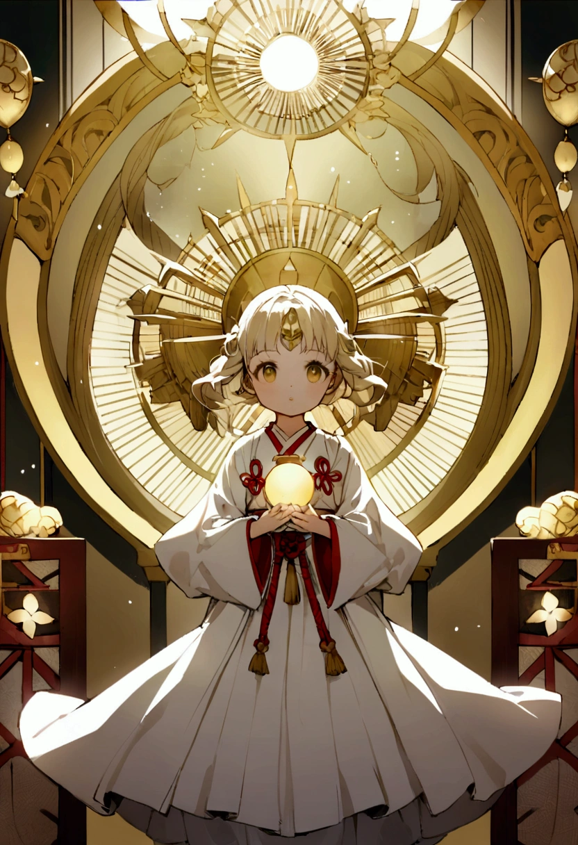 "Child of the Sun, Goddess of Love": Within a sacred sanctuary bathed in sunlight, depict the figure of a sun goddess who governs love, facing forward and emanating divine radiance. She is a , around 3 years old. Zoom in to focus on her face, with a gleaming orb of light in her hands, representing the life-giving power of the sun. Her hair is shimmering gold, and she is wearing a traditional miko outfit as seen in Japanese shrines. The background should be predominantly gold, evoking a sense of divine splendor, with numerous heart-themed objects expressing the beauty of love. The setting is in heaven, enveloped in soft, bright light, where one can find tranquility and peace of mind, free from any trace of anxiety.Straight-on.