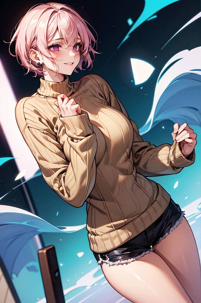 Masterpiece,Highest quality,8K,Ultra-high resolution,appropriate margins,lighting,BREAK,1 person,Very beautiful adult woman,Slim body,Very large breasts,BREAK,Light pink hair,mascara,Red eyeliner,Light pink lip,Thick upper eyelashes,Thin eyebrows,BREAK,Light purple eyes,BREAK,Embarrassed,Shy smile,BREAK,short hair,Wearing hair in one ear,BREAK,Beige long-sleeved open-neck sweater,shorts vinyl,BREAK,Eyes meet