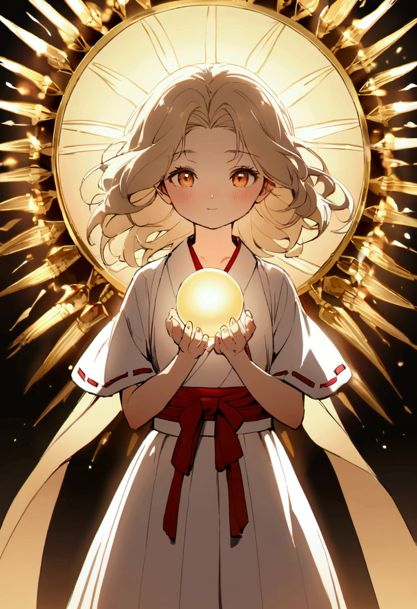 "Child of the Sun, Goddess of Love": Within a sacred sanctuary bathed in sunlight, depict the figure of a sun goddess who governs love, facing forward and emanating divine radiance. She is a , around 3 years old. Zoom in to focus on her face, with a gleaming orb of light in her hands, representing the life-giving power of the sun. Her hair is shimmering gold, and she is wearing a traditional miko outfit as seen in Japanese shrines. The background should be predominantly gold, evoking a sense of divine splendor, with numerous heart-themed objects expressing the beauty of love. The setting is in heaven, enveloped in soft, bright light, where one can find tranquility and peace of mind, free from any trace of anxiety.Straight-on.