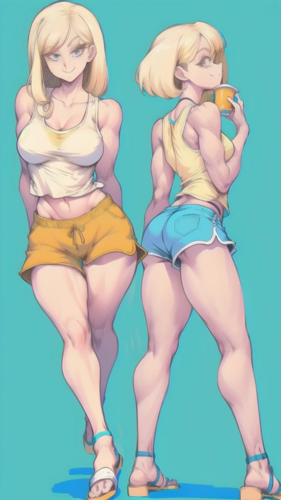 Full body image of Loud from The Loud House, full body in image, wearing her original outfit (light blue tank top, beige shorts, and light blue flip-flops), long blonde hair, female body, slender and athletic body, dynamic pose, detailed pose, simple background, expressive face showing a confident smile, focus on face, line art, sketch