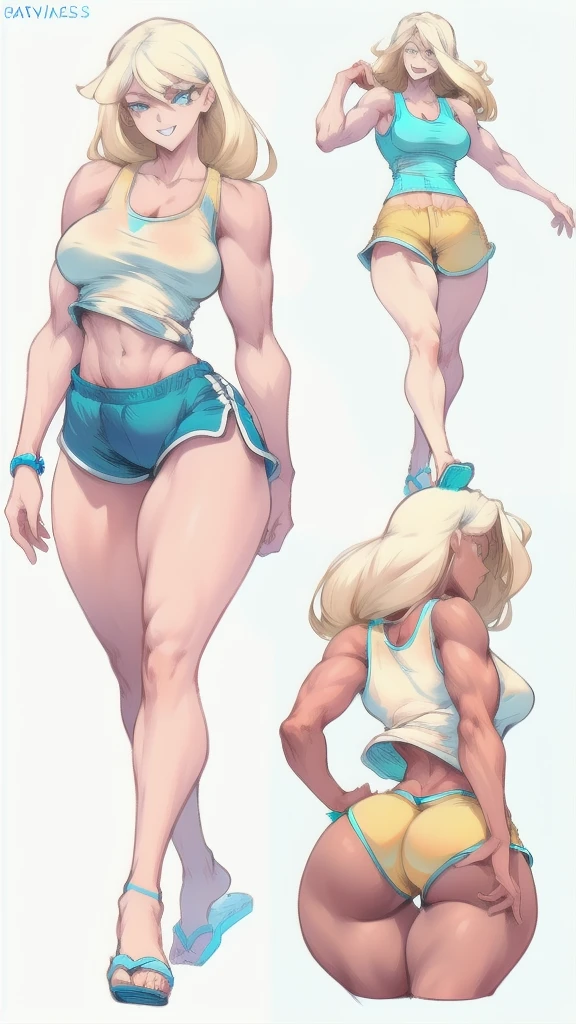 Full body image of Loud from The Loud House, full body in image, wearing her original outfit (light blue tank top, beige shorts, and light blue flip-flops), long blonde hair, female body, slender and athletic body, dynamic pose, detailed pose, simple background, expressive face showing a confident smile, focus on face, line art, sketch
