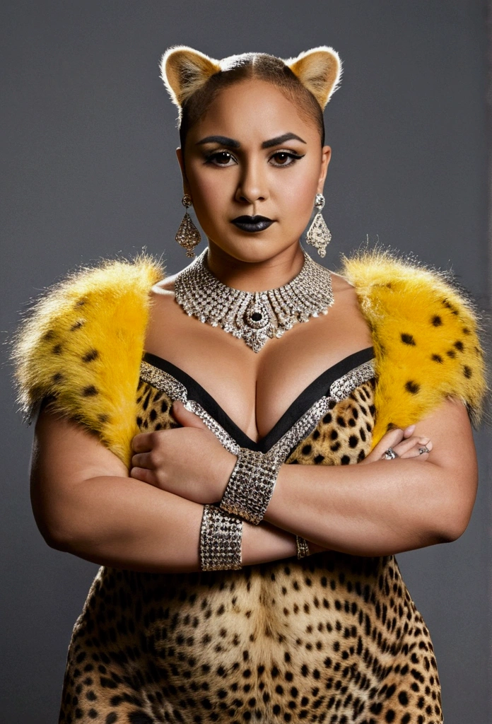 A cheetah-faced woman with her arms crossed staring into the camera, Female cheetah, fat, fat belly, fat thighs, fat arms, lovehandles, , silver eyes, golden yellow fur, black cheetah markings, black dress, silver earrings, silver bracelets, silver rings, silver necklaces,
