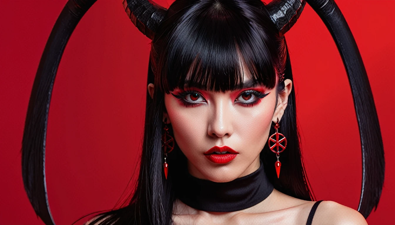 Stylized portrait of a woman with demonic appearance against a vibrant red background. She has long, straight black hair, straight bangs, and curved horns protruding from her head. Her eyes are red and her skin is pale. She wears a black outfit that exposes her shoulders. There's an inverted cross earring on her pointed ear. Her expression is serious and seductive, with full, parted lips. The artistic style is a blend of anime and realistic digital art, with contrasting black and red colors dominating the composition.