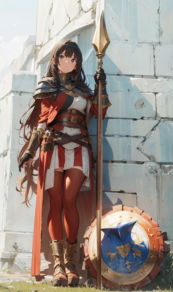 girl with big spear, giant shield, and roman soldier outfit in front of shield of roman soldier with spear too, weapon, polearm, solo, spear, armor, shield, long hair
