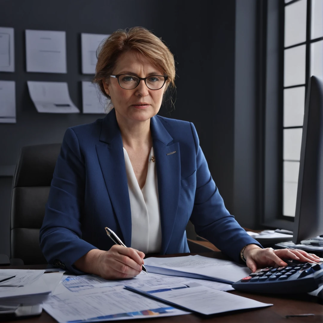 a middle-aged accountant woman working at a computer, calculator, dark background, blue blazer, photo, realistic, photorealistic, photo-realistic:1.37, (best quality,4k,8k,highres,masterpiece:1.2),ultra-detailed, sophisticated, professional, office interior, window, desktop, paperwork, focused expression, business attire, glasses, office supplies