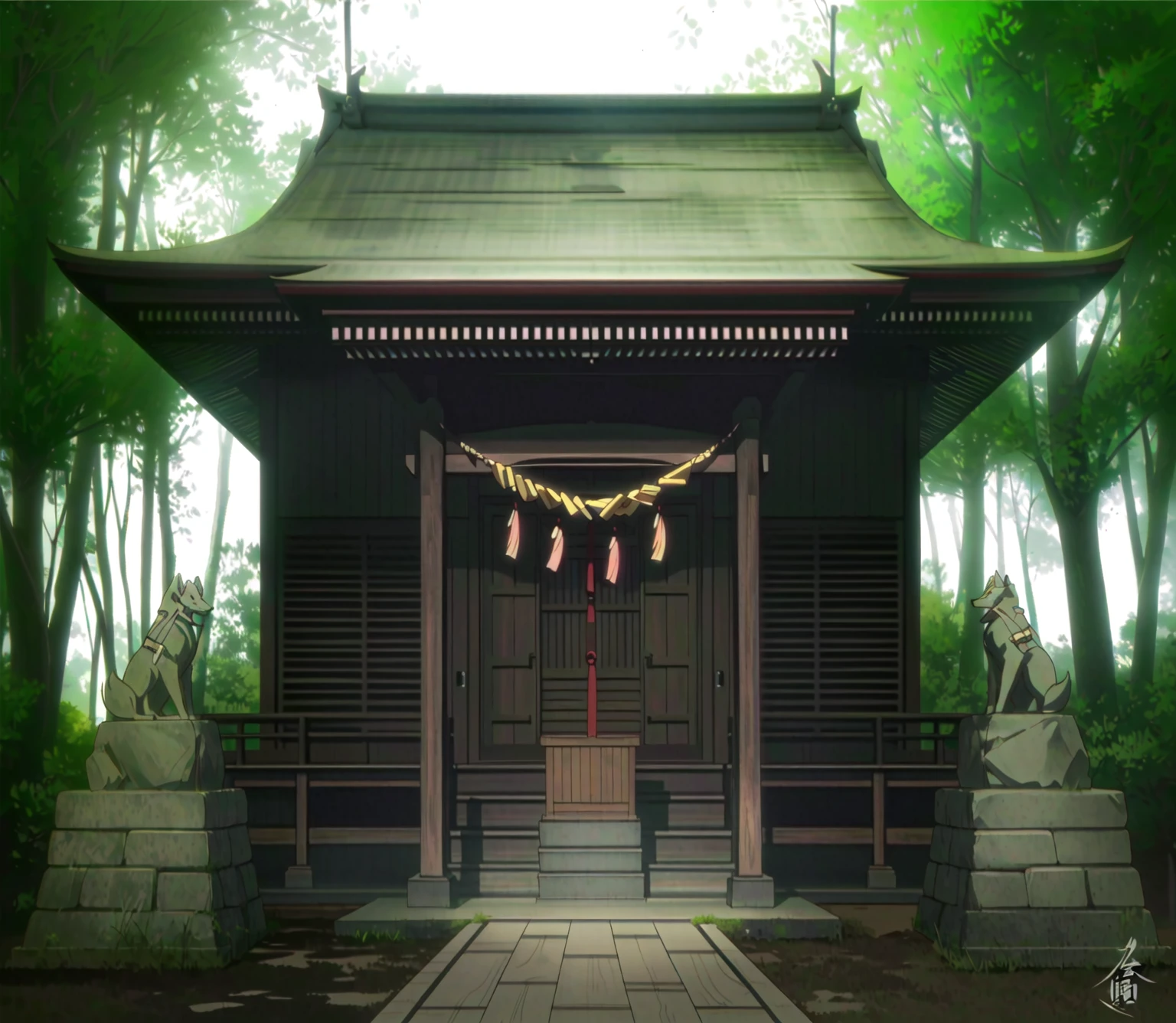 There is a small building there，Two fox statues，There are wooden doors and a stone walkway, zen temple background, temple background, background depicting a temple, shinto shrine, Anime Background Art, japanese temple, japanese shrine, Traditional Japanese concept art, Anime Landscape Concept Art, Inspired by Shirokuma Seiho, shrine, temple, mysterious temple setting, shrines