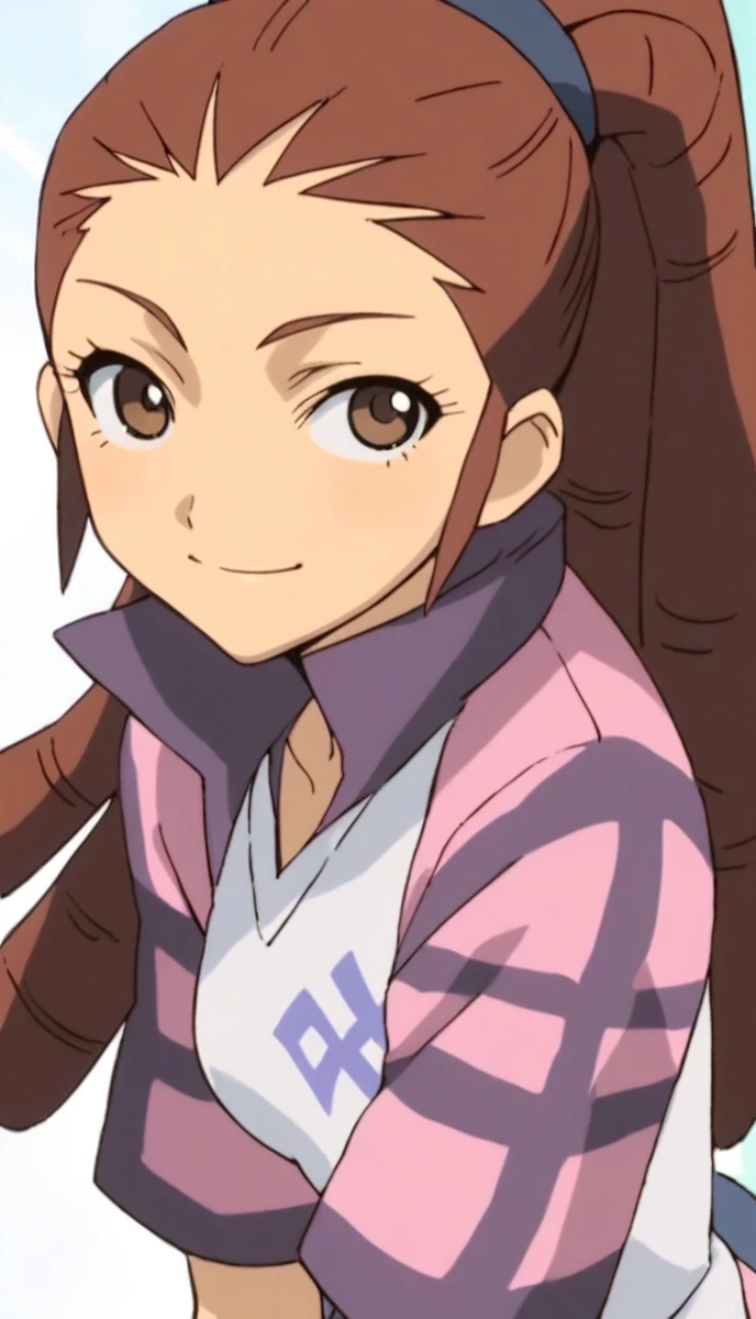 score_9, score_8_up, score_7_up, score_6_up, score_5_up, score_4_up, source_anime, 1girl, midou reika, dreadlocks, long hair, high ponytail, brown eyes, pose, leaning forward, smile, looking at viewer, 