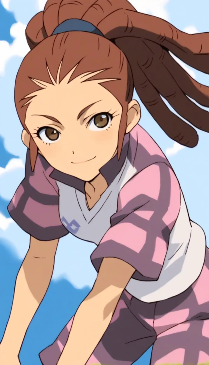 score_9, score_8_up, score_7_up, score_6_up, score_5_up, score_4_up, source_anime, 1girl, midou reika, dreadlocks, long hair, high ponytail, brown eyes, pose, leaning forward, smile, looking at viewer, 