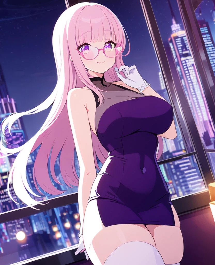 girl, light pink hair, hime cut, long hair, sexy and erotic deep purple bodycon, open shoulder, J cup breast, thicc thigh, hourglass figure, nighttime city, clear view, charming smile, pink love shape glasses