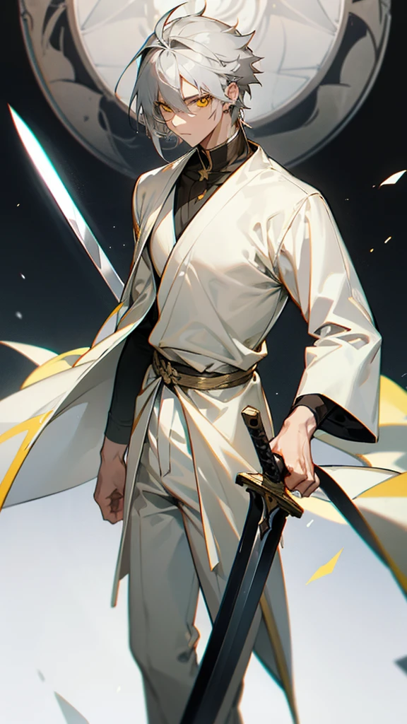 Male character gray hair and yellow eyes and white clothes and swords