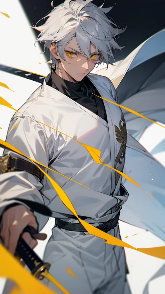Male character gray hair and yellow eyes and white clothes and swords